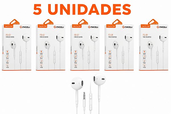 KIT 5 FONE DE OUVIDO PMCELL COM MICROFONE MOD. FO-15