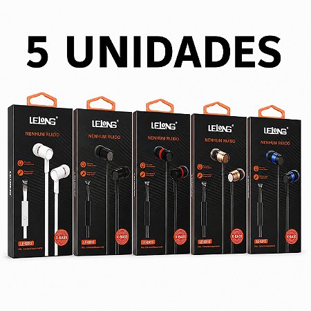 KIT 5 FONE DE OUVIDO LELONG X-BASS COM MICROFONE MOD. LE-0201