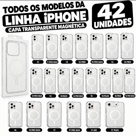 KIT 42 UNIDADES CAPA TRANSPARENTE MAGNÉTICA IPHONE MAIS VENDIDOS