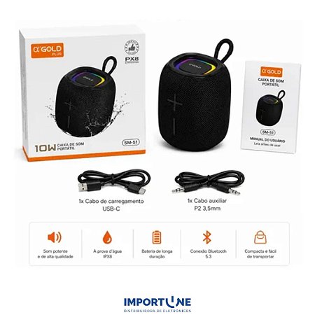 CAIXA DE SOM BLUETOOTH PORTÁTIL 10W IPX6 A'GOLD PLUS SM-51