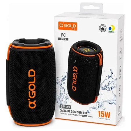 CAIXA DE SOM BLUETOOTH PORTÁTIL 15W RMS IPX6 COM TWS A'GOLD PRO SM-33