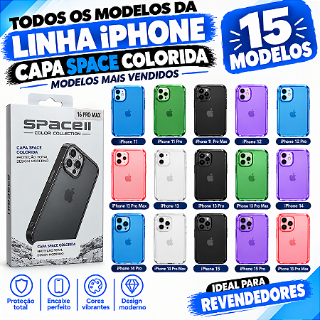 KIT 30 UNIDADES CAPA SPACE COLORIDA PARA IPHONE 15 MODELOS MAIS VENDIDAS