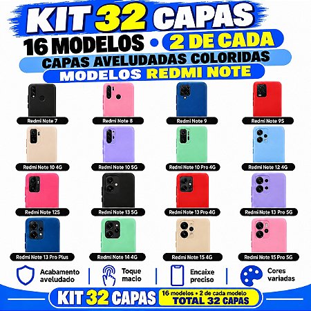 KIT 32 UNIDADES CAPA AVELUDADA COLORIDA PARA REDMI NOTE 16 MODELOS MAIS VENDIDAS