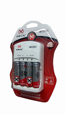 CARREGADOR DE PILHA MOX 4AA/AAA+9V COM PILHAS