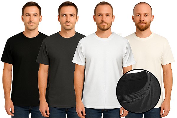 Camiseta Gola CANELADA de RIBANA Com REFORÇO No Ombro de Algodão Fio 30/1 - LISAS, GOLA REDONDA