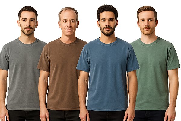 Camiseta Estonada 100% Algodão - Fio 30/1 - (Lavadas e Perfumadas) com Zero Encolhimento, Gola de Ribana Canelada e Reforço Ombro.