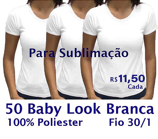 PROMOÇÃO - Pacote com 50 Camisetas Brancas Femininas 100% POLIÉSTER PARA SUBLIMAÇÃO.R$11,50 Cada