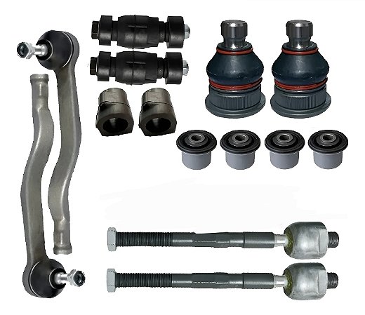 02 TERMINAIS + 02 PIVOS + 02 BRACOS AXIAIS + 02 BIELETAS + 02 BUCHAS DA BARRA ESTABILIZADORA + 04 BUCHAS DE BANDEJA/BRACOS DIANT OU TRAS trocados