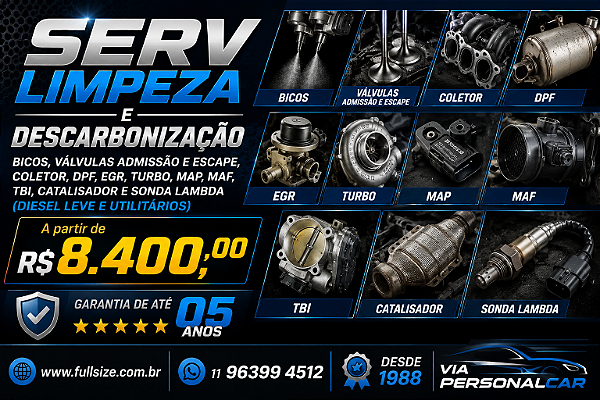 SERV LIMPEZA E DESCARBONIZAÇAO BICOS, VALVULAS ADMISSAO E ESCAPE, COLETOR, DPF, EGR, TURBO, FLUXO AR, TBI, CATALISADOR E SONDA DIESEL LEVE E UTILITARIOS