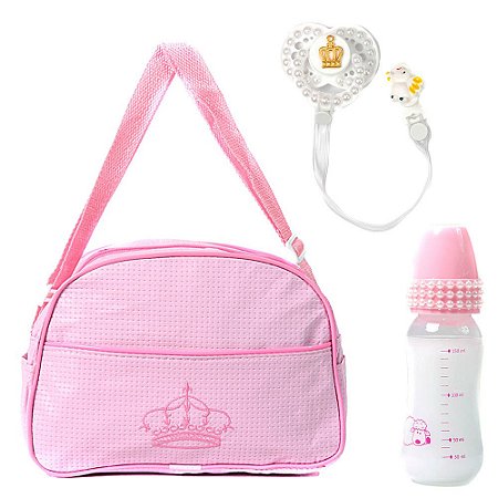 Kit Bolsa Saida Maternidade Rosa Chupeta e Mamadeira P/ Bebe