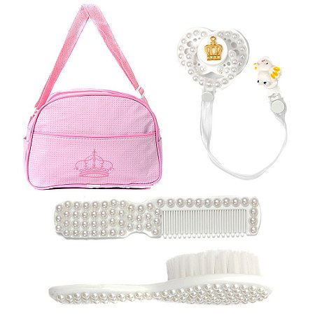 Kit Bolsa Saida Maternidade Rosa Escova, Pentinho e Chupeta