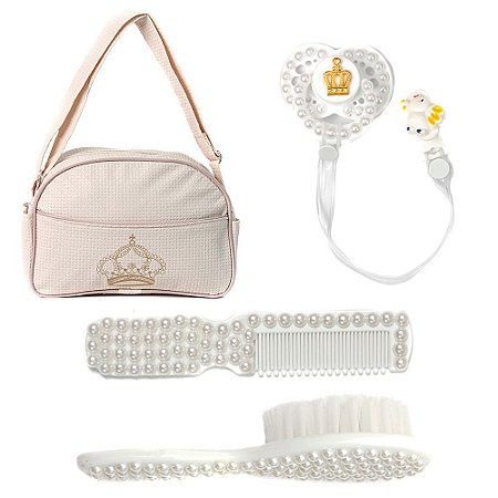 Kit Bolsa Saída Maternidade Bege c Escova+Pente+Chupeta Bebê