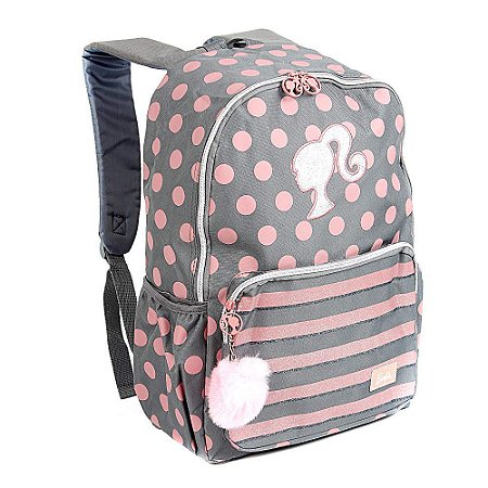 Mochila Barbie Bolinhas Cinza e Rosa com Pompom de Costa