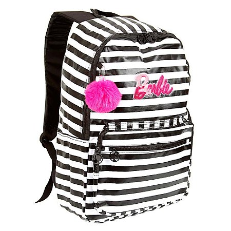 Mochila Barbie Listrada Branco e Preto com Pompom de Costa