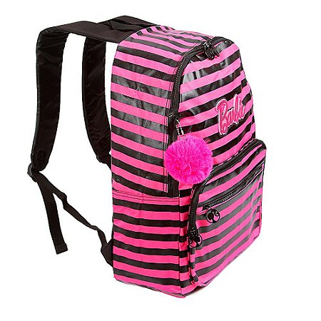 Mochila Barbie Listrada Rosa e Preto com Pompom de Costa