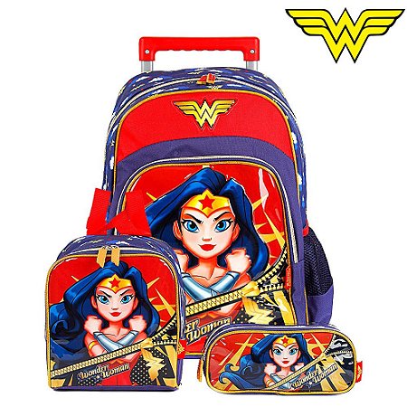 Kit Mochila Escolar Infantil Mulher Maravilha Com Rodinhas