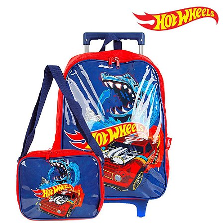 Kit Mochila Escolar Infantil Hot Wheels Tubarão Com Rodinhas