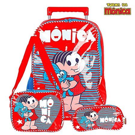 Kit Mochila Escolar Infantil Mônica e Sansão Com Rodinhas