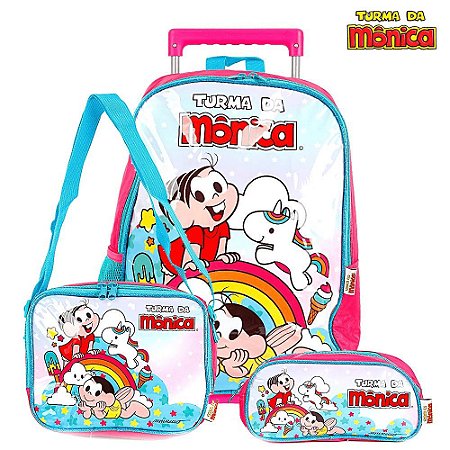 Kit Mochila Escolar Infantil Turma da Mônica Com Rodinhas
