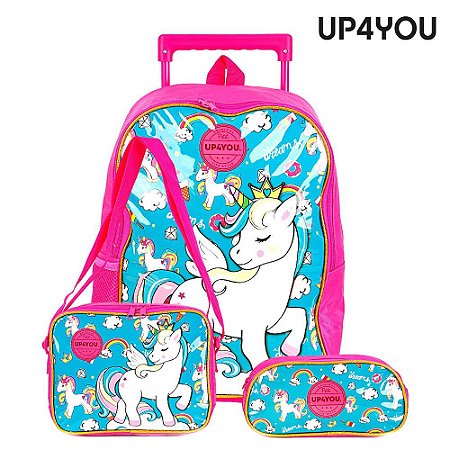 Kit Mochila Escolar Infantil Unicórnio Com Rodinhas