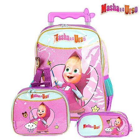 Kit Mochila Escolar Infantil Masha e o Urso Com Rodinhas
