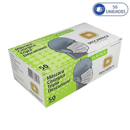 50 Máscaras Descartáveis Descarpack Branca com Clipe Nasal