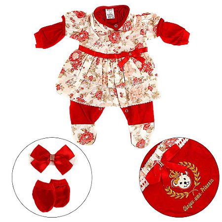 Saída De Maternidade Menina C Acessórios Vermelha com Flores