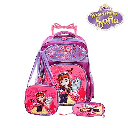 Kit Mochila Infantil Escolar Princesinha Sofia Rodinhas