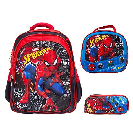Kit Mochila Escolar Infantil 3D Homem Aranha Dark Costas