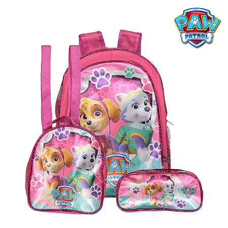 Kit Mochila Escolar Bolsa Patrulha Canina Skye Preta Costas