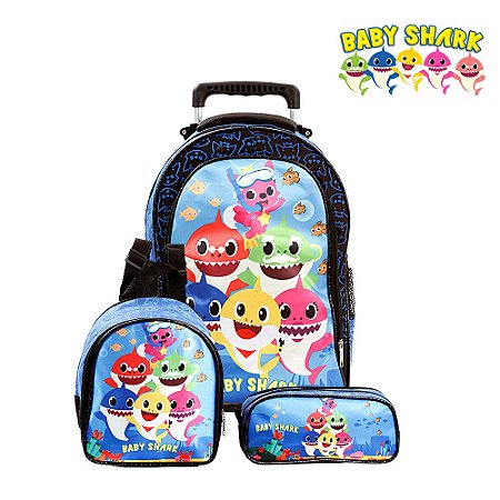 Kit Mochila Infantil Escolar Baby Shark Azul com Rodinhas