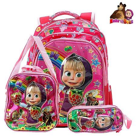 Kit Mochila Escolar Infantil Masha E O Urso 3D De Costas