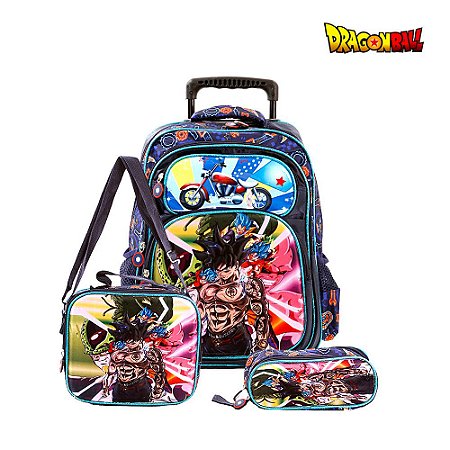 Kit Mochila Azul Infantil Escolar Dragon Ball Z Com Rodinhas