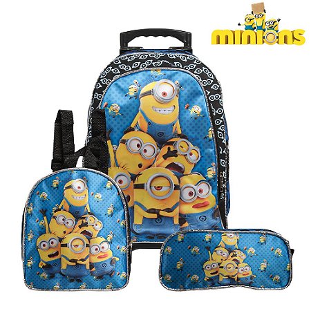 Mochila Escolar Minions Banana Rodinha Kit Lancheira+Estojo
