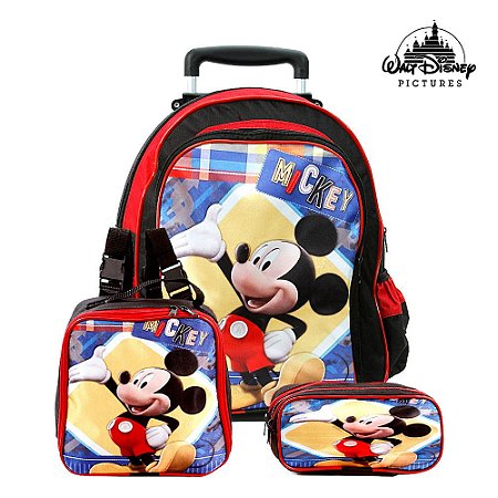 Mochila Escolar Mickey Mouse Disney Rodinha Lancheira+Estojo