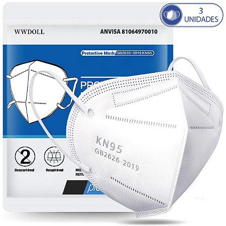 3 Máscaras Respiratórias KN95 Branca WWDoll 5 Camadas Anvisa