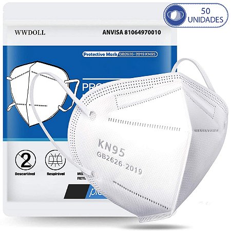 50 Máscaras Respiratórias KN95 Branca WWDoll 5 Camada Anvisa