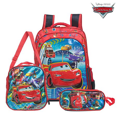 Mochila Escolar Carros Disney Costas Kit Lancheira+Estojo