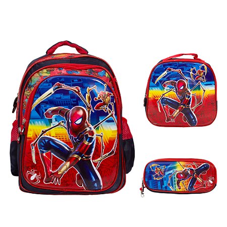 Mochila Escolar Homem Aranha Costas Kit Lancheira+Estojo