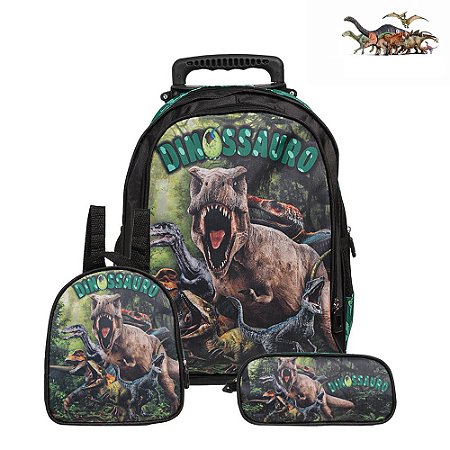 Mochila Escolar Dinossauro Rodinha Kit Lancheira+Estojo