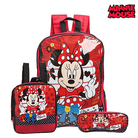 Mochila Escolar Bolsa Minnie Disney Costa Lancheira+Estojo