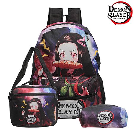 Kit Mochila Escolar Bolsa Demon Slayer Nezuko Kimetsu Costas