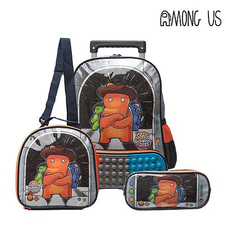 Mochila Escola Among Us Jogo Rodinha Pop It Lancheira+Estojo