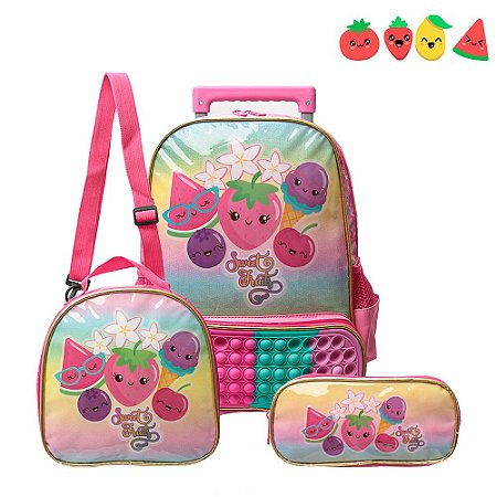 Mochila Escola Pop It Sweet Fruit Rodinha Lancheira+Esto