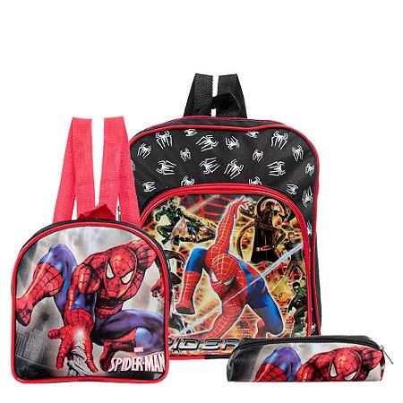 Mochila Escolar Spider Man Costas Kit Lancheira+Estojo