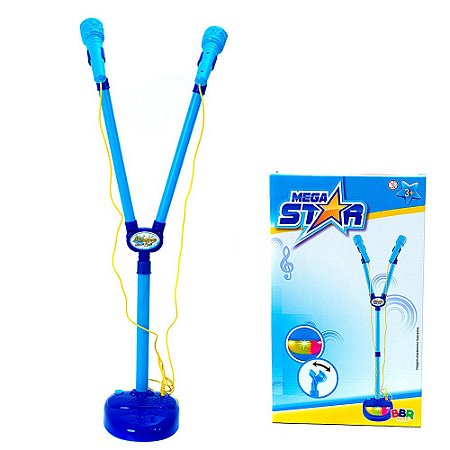 Microfone Infantil Duplo Emite Som e Luzes Mega Star Azul BB