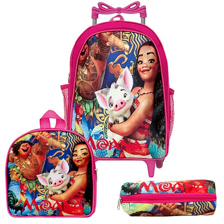 Mochila Escolar Moana Grande Rodinha Kit Lancheira+Estojo