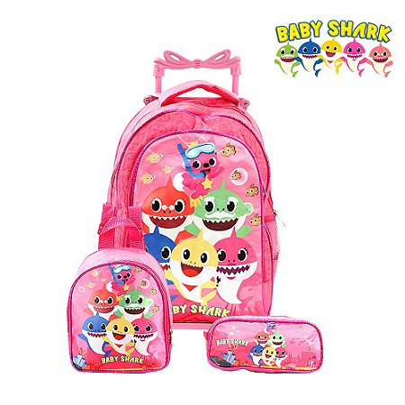Kit Mochila De Rodinha Infantil Escolar Baby Shark Rosa