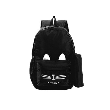 Mochila Escolar Feminina Grande de Gatinha Preto + Estojo