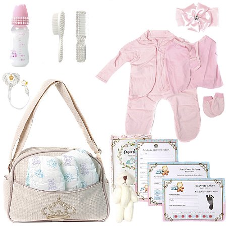 Conjunto P Bebê Reborn Roupa Fralda e Bolsa Maternidade Bege